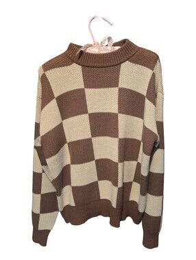Brown/Cream Checkerboard Knit Sweater, Size Large